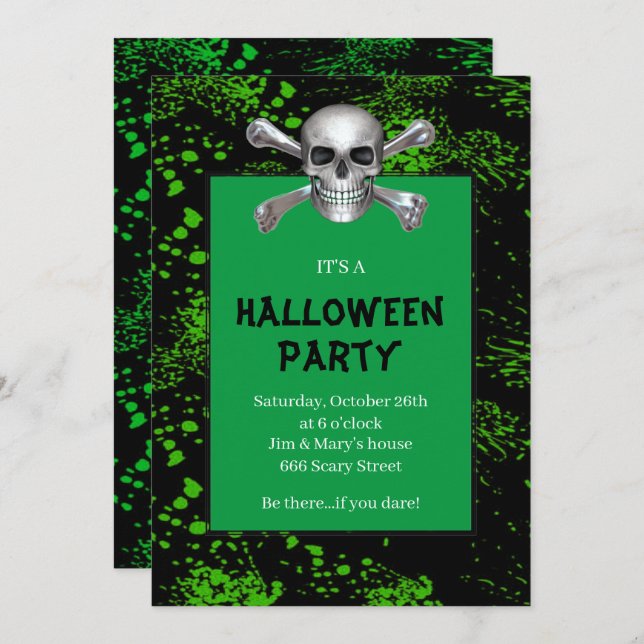 Convites Skull Crossbones Green - Festa de Halloween (Frente/Verso)