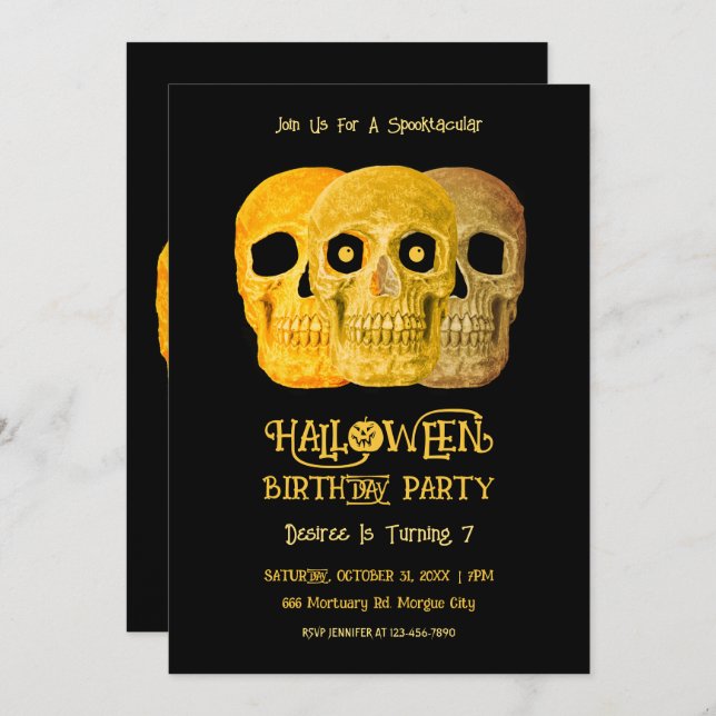 Convites Skull Engraçado Gótico Amarelo Amarelo Dia das Bru (Frente/Verso)