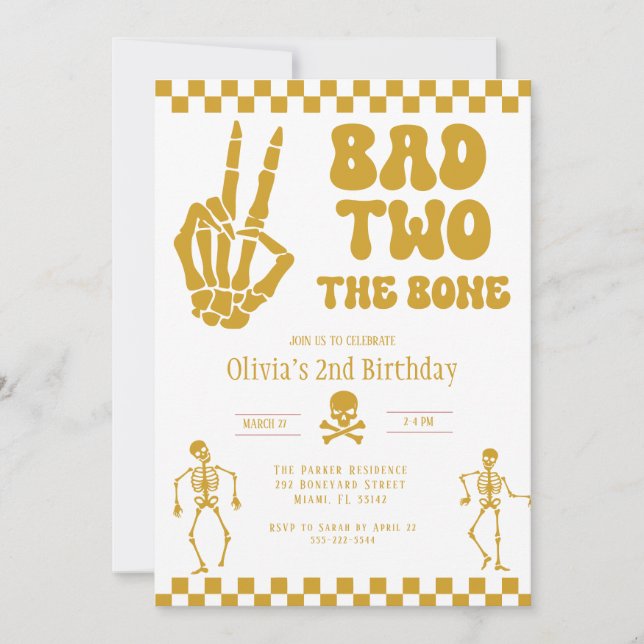 Convites Skull Skeleton Bad to the Bone 2nd Birthday  (Frente)