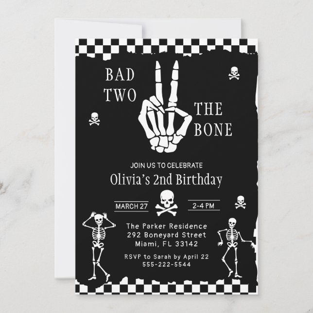 Convites Skull Skeleton Bad to the Bone 2nd Birthday  (Frente)