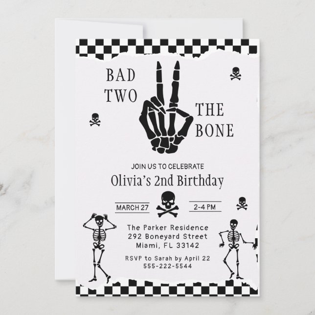 Convites Skull Skeleton Bad to the Bone 2nd Birthday  (Frente)