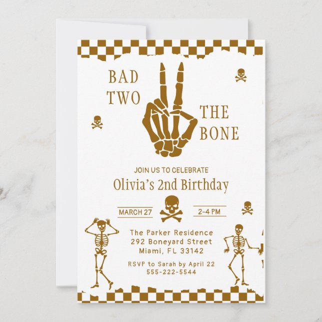 Convites Skull Skeleton Bad to the Bone 2nd Birthday  (Frente)