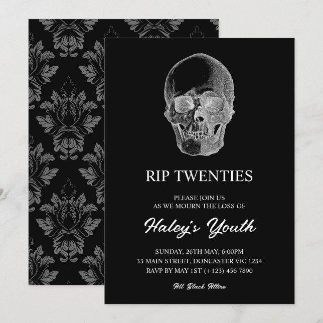 Convites Skull Spooky RIP 20 anos aniversário de 30 anos en (Frente/Verso)