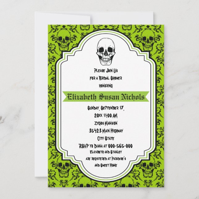 Convites Skulls damask green, chá de panela de casamento pr (Frente)