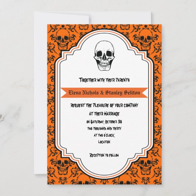 Convites Skulls damask laranja, casamento preto no Hallowee (Frente)