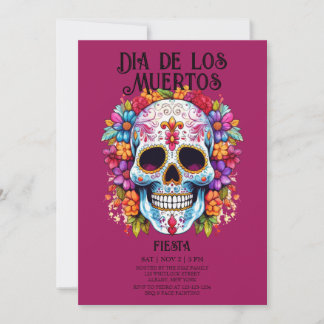 Convites Skulls Flowers Magenta Dia de los Muertos