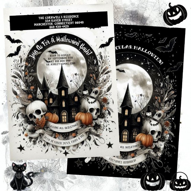 Convites Skulls Pumpkin Haunted House Halloween Bash Gothic (Skulls Pumpkin Haunted House Halloween Bash Gothic Invitation)