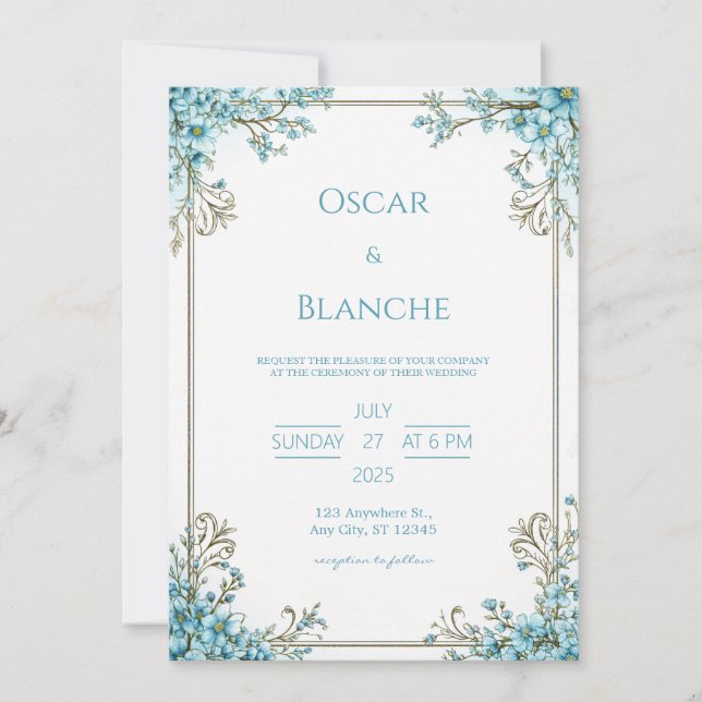 Convites Sky Blue Blossom Elegant Gold Frame Wedding (Frente)