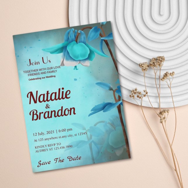 Convites Sky Blue & Brown Wild Flower Salve a data do casam (Criador carregado)