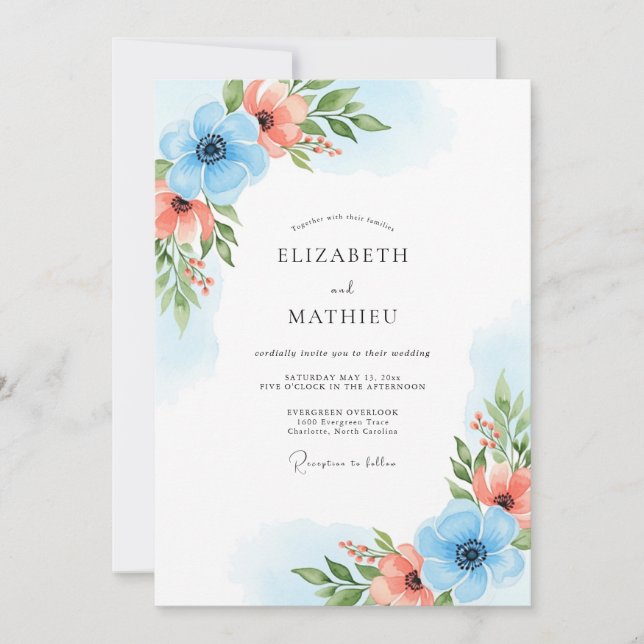 Convites Sky Blue Coral Bloom Wedding (Frente)