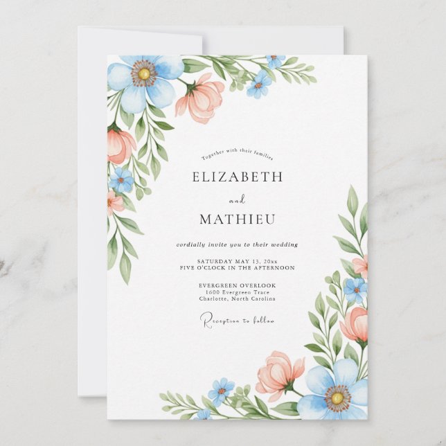 Convites Sky Blue Coral Blossom Wedding (Frente)