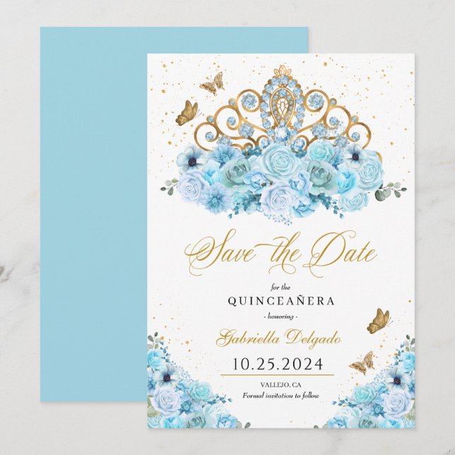 Convites Sky Blue & Dourado Tiara Salvar a Data Quinceañera (Frente/Verso)