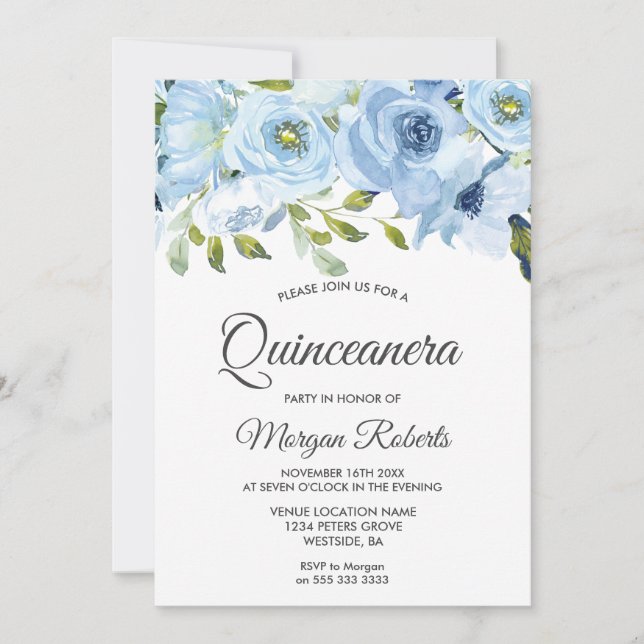 Convites Sky Blue Watercolor Flowers Moderno Quinceanera (Frente)
