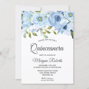 Convites Sky Blue Watercolor Flowers Moderno Quinceanera