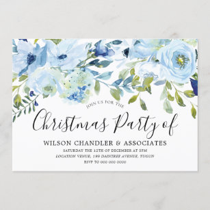 Convites Sky Blue Watercolor Flowers Office Christmas Party