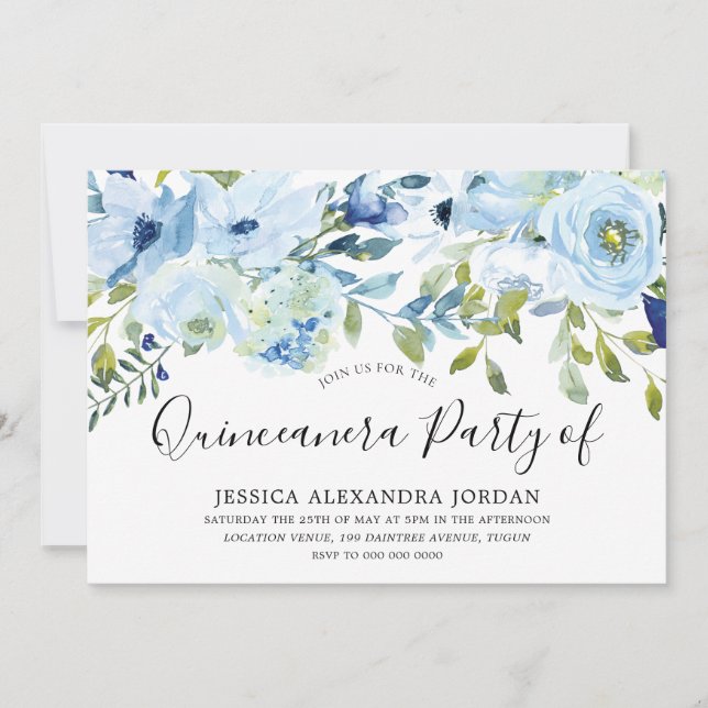 Convites Sky Blue Watercolor Flowers Quinceanera Party (Frente)