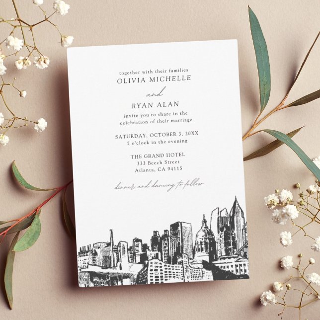 Convites Skyline Black & White para Casamento Moderno de At (Atlanta Wedding Invitation)