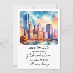 Convites skyline de casamento de chicago azul salve a data