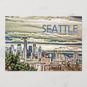 Convites Skyline de Seattle Washington na névoa e na chuva