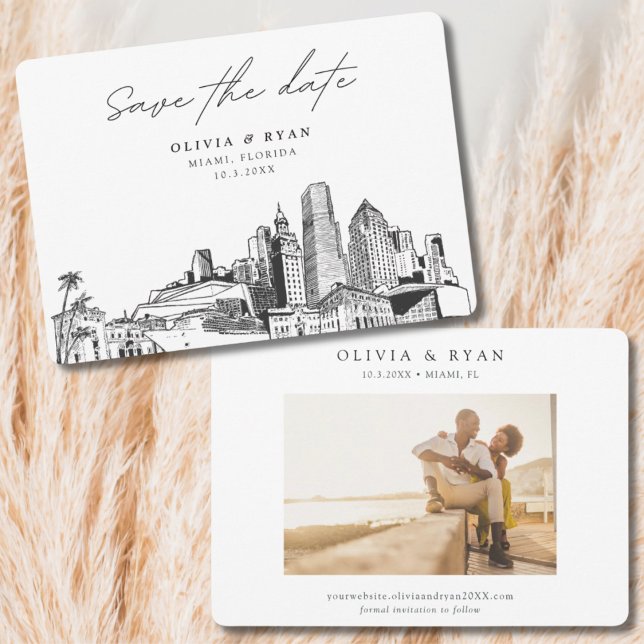 Convites Skyline Skyline Sketch Modern Salve a Data (Miami wedding save the date)
