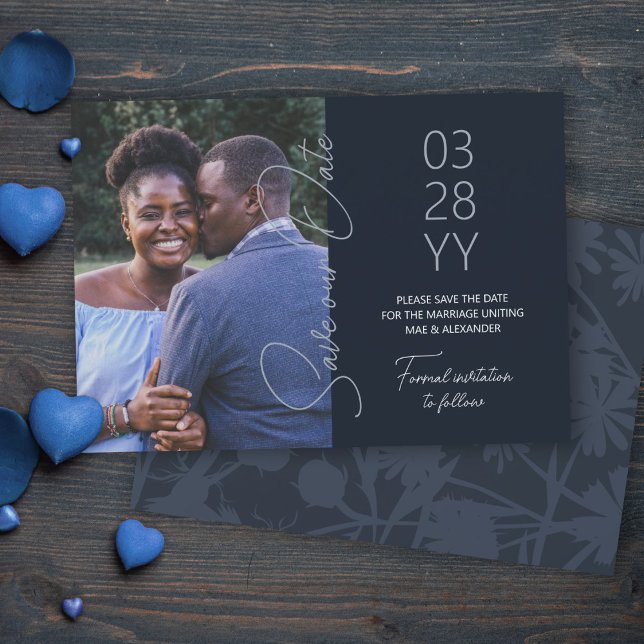 Convites Slate Azul, Casamento Blue-Gray Salve a Data (slate blue gray save the date cards, simple minimalistic elegant script save our date 5x7 template)