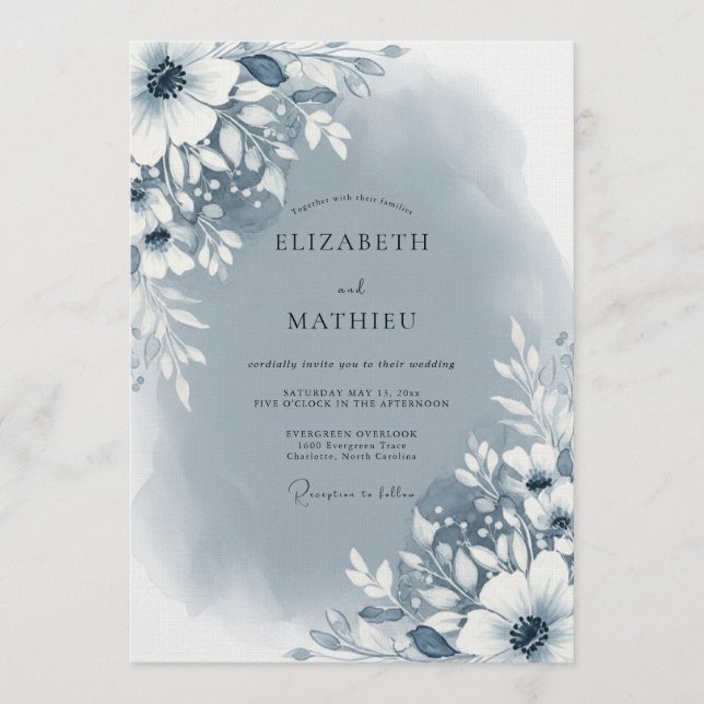 Convites Slate Blue Abstract Floral Wedding (Frente)