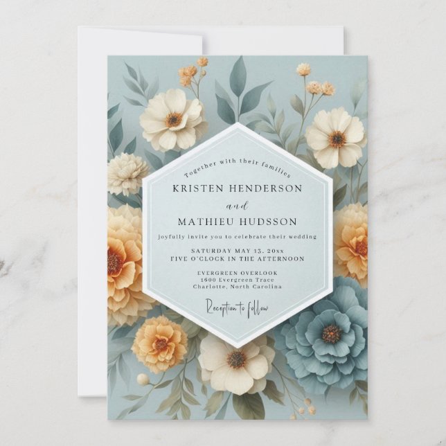 Convites Slate Blue Amber Bloom Wedding (Frente)