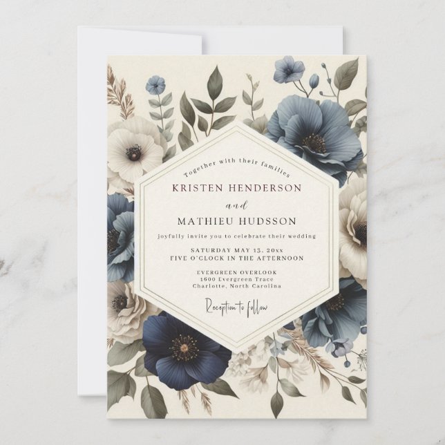 Convites Slate Blue Antique Bloom Wedding (Frente)