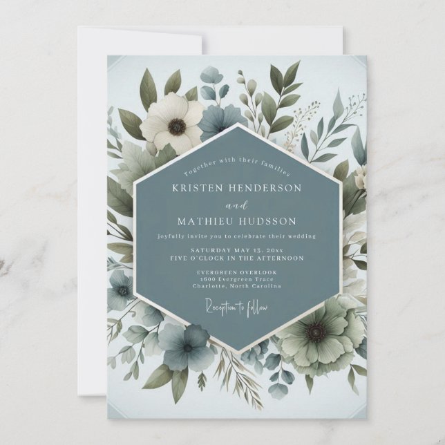 Convites Slate Blue Aqueous Bloom Wedding (Frente)