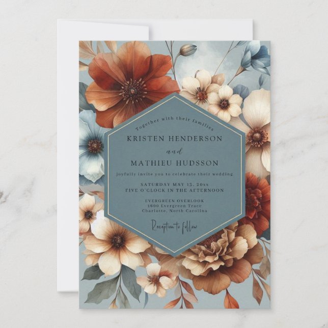 Convites Slate Blue Auburn Flora Wedding (Frente)
