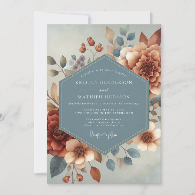 Convites Slate Blue Autumnal Bloom Wedding (Frente)