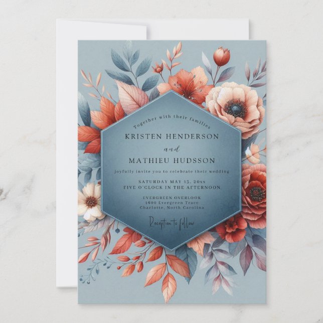 Convites Slate Blue Autumnal Bloom Wedding (Frente)