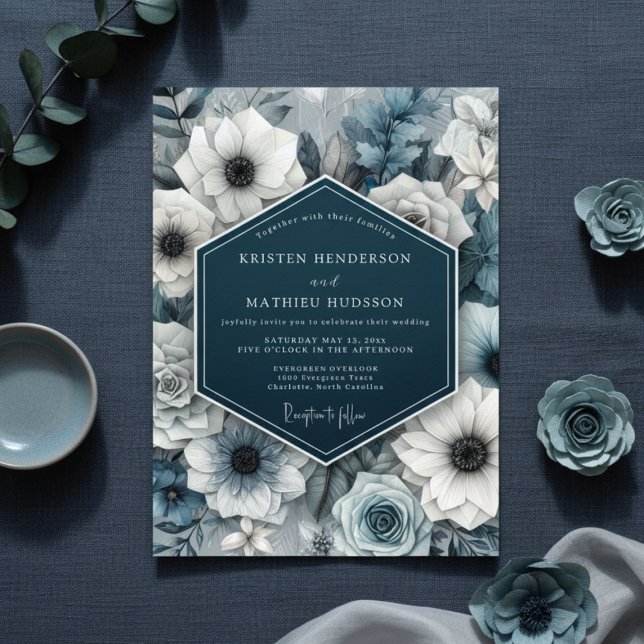 Convites Slate Blue Bloom Nocturne Wedding (Criador carregado)