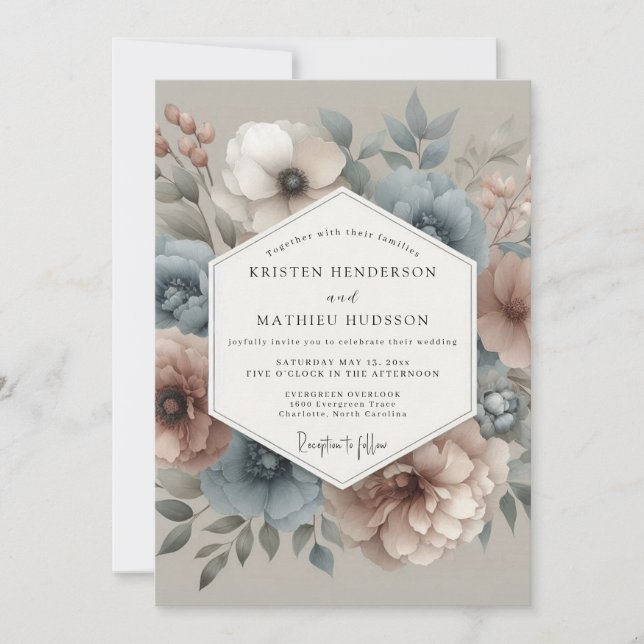 Convites Slate Blue Blush Hazy Bloom Wedding (Frente)