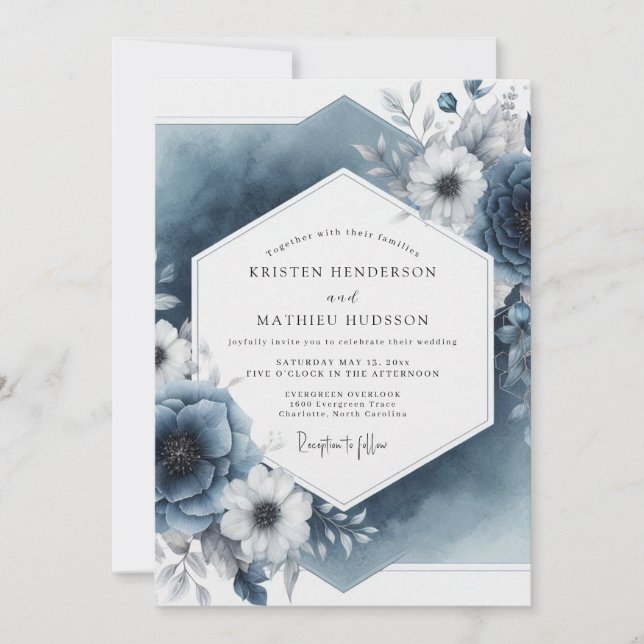 Convites Slate Blue Botanical Elegance Wedding (Frente)