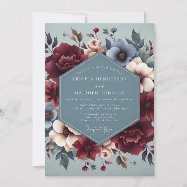 Convites Slate Blue Burgundy Bloom Wedding (Frente)