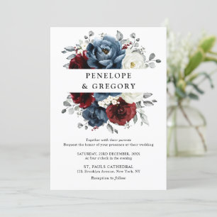 Convites Slate Blue Burgundy White Ivory Floral Casamento