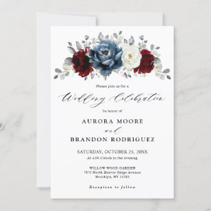 Convites Slate Blue Burgundy White Ivory Floral Casamento