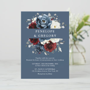 Convites Slate Blue Burgundy White Ivory Floral Casamento E