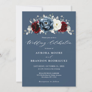 Convites Slate Blue Burgundy White Ivory Floral Casamento E