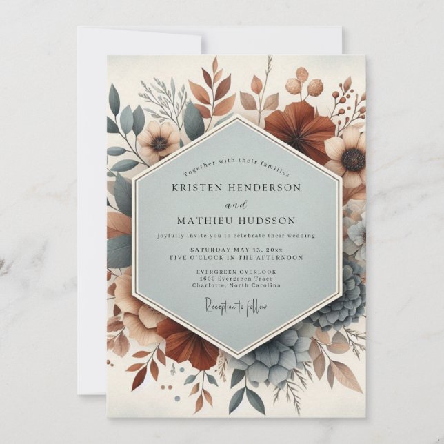 Convites Slate Blue Burnt Orange Floral Wedding (Frente)