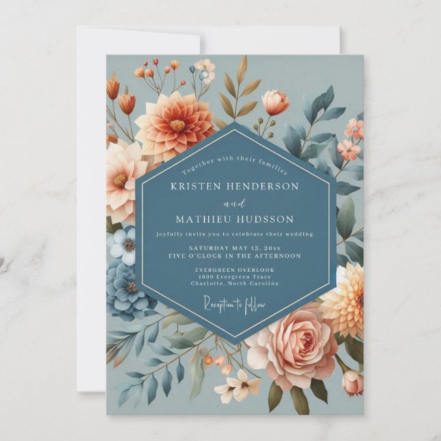 Convites Slate Blue Coral Bloom Wedding (Frente)