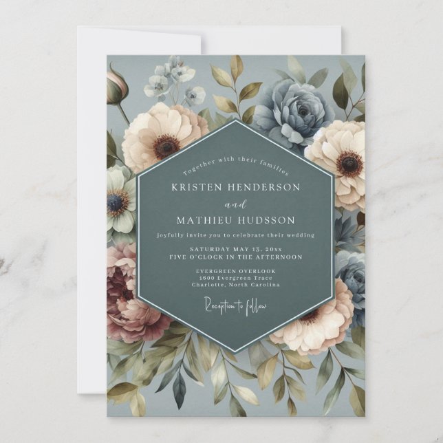 Convites Slate Blue Faded Posy Wedding (Frente)