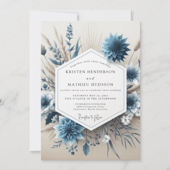 Convites Slate Blue Floral Autumn Wedding (Frente)