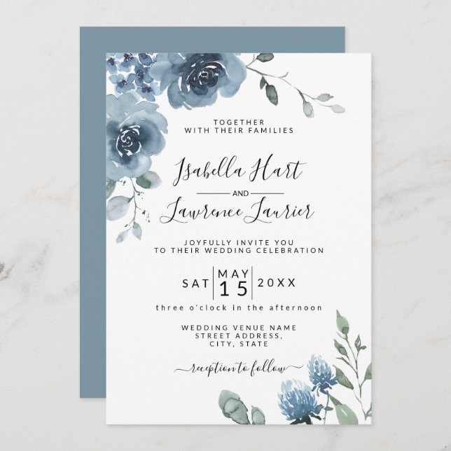 Convites Slate Blue Floral Dusty Blue Pastel Casamento (Frente/Verso)
