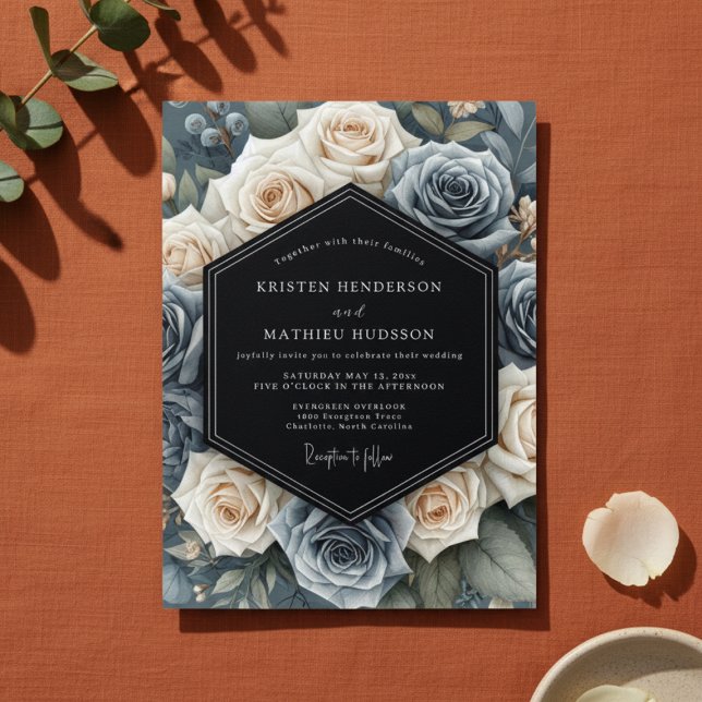 Convites Slate Blue Floral Elegance Wedding (Criador carregado)