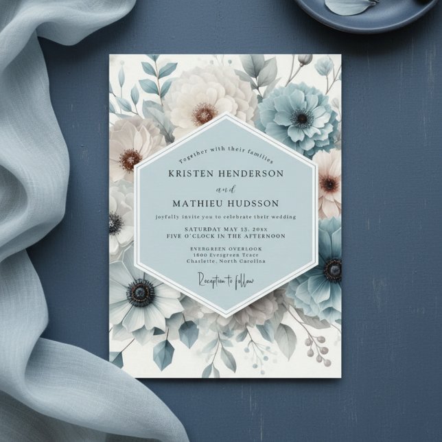 Convites Slate Blue Floral Elegance Wedding (Criador carregado)