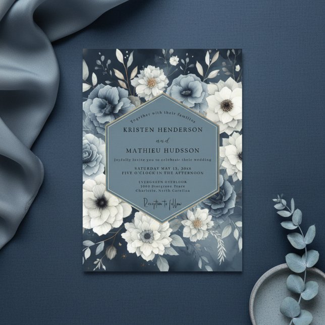 Convites Slate Blue Floral Moody Wedding (Criador carregado)