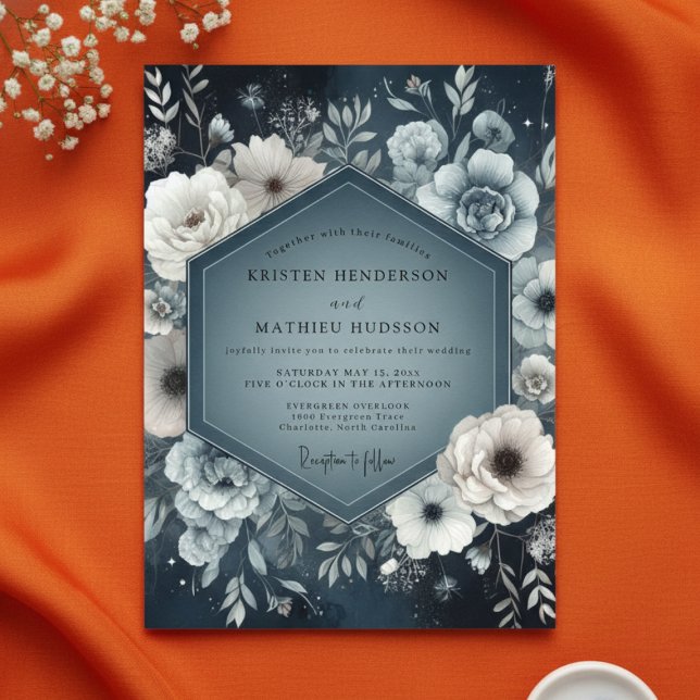 Convites Slate Blue Floral Nightfall Wedding (Criador carregado)