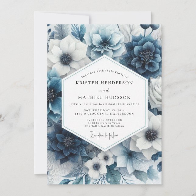 Convites Slate Blue Floral Radiance Wedding (Frente)